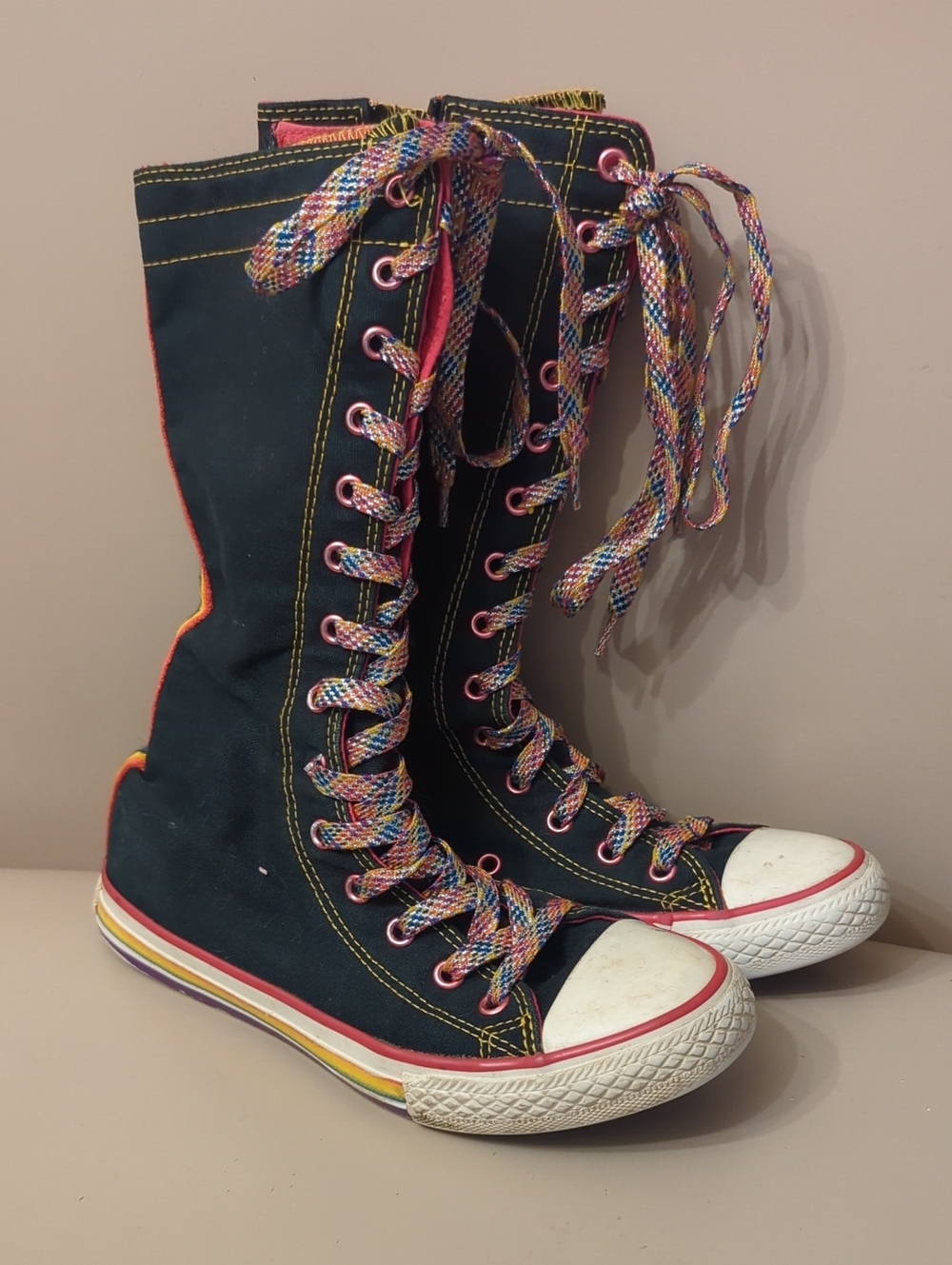 Kids Black High-Top Lace-Up Boots with Multicolor Laces